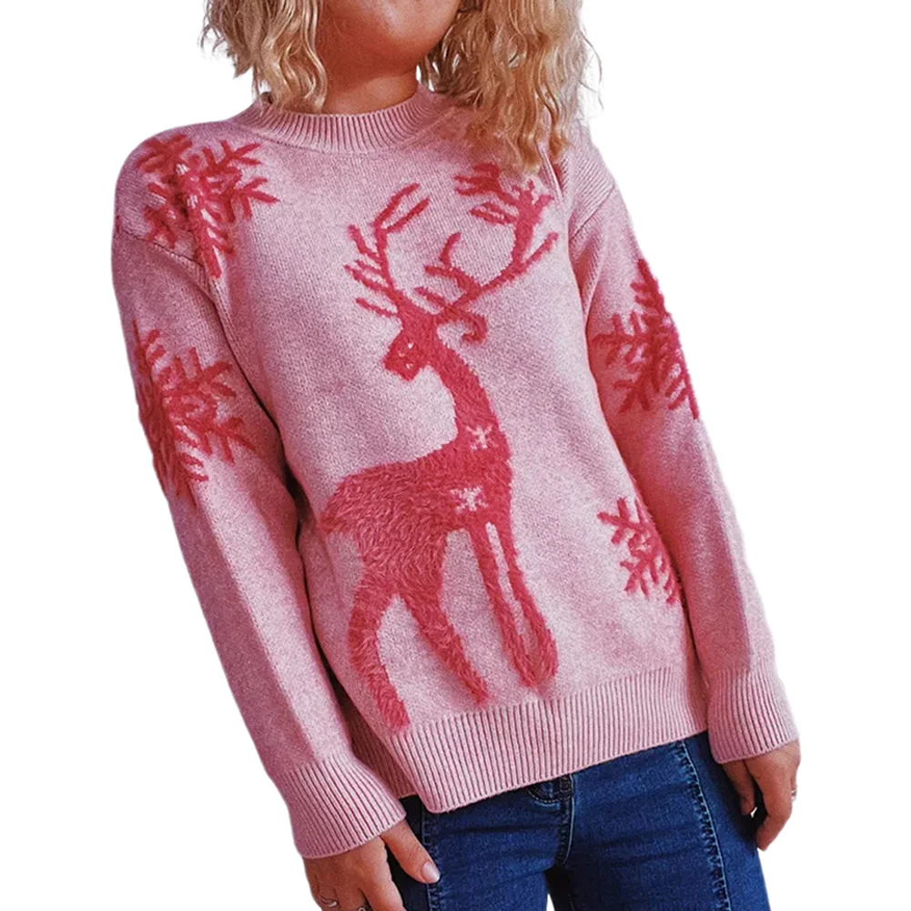 Pink Deer Snowflake Print Jacquard Knit Christmas Sweater