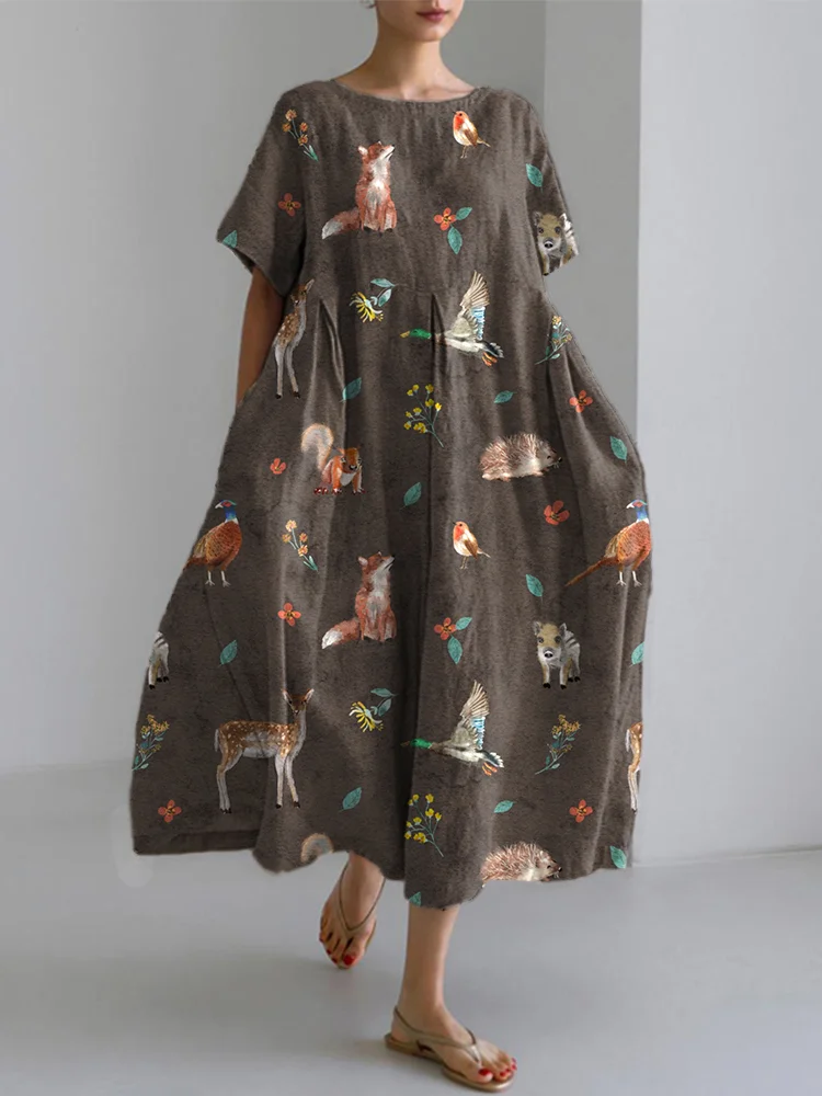 Forest Animals Art Print Linen Blend Vintage Dress