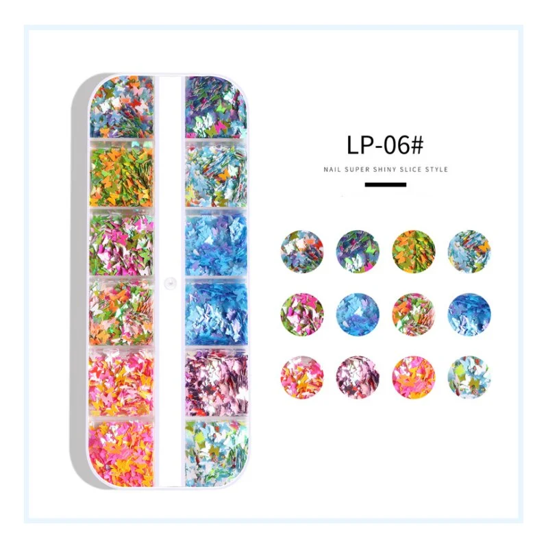 1 Box12 Grids Mixed Nail Art Deco Butterfly Patch Laser Symphony Star Butterfly Fluorescent DIY Nail Art Decoration Sequins