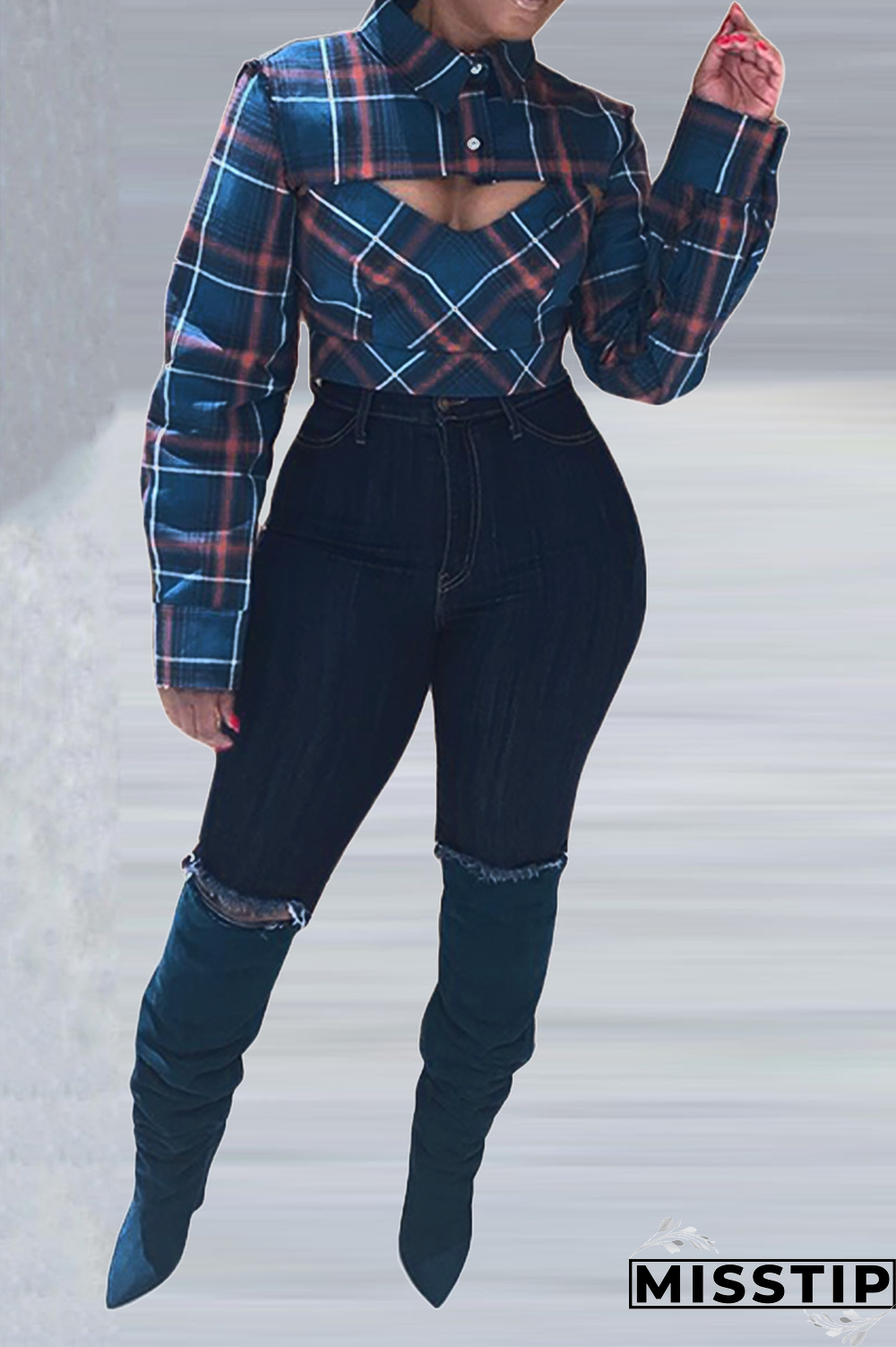 Navy Blue Street Plaid Patchwork Turndown Collar Tops