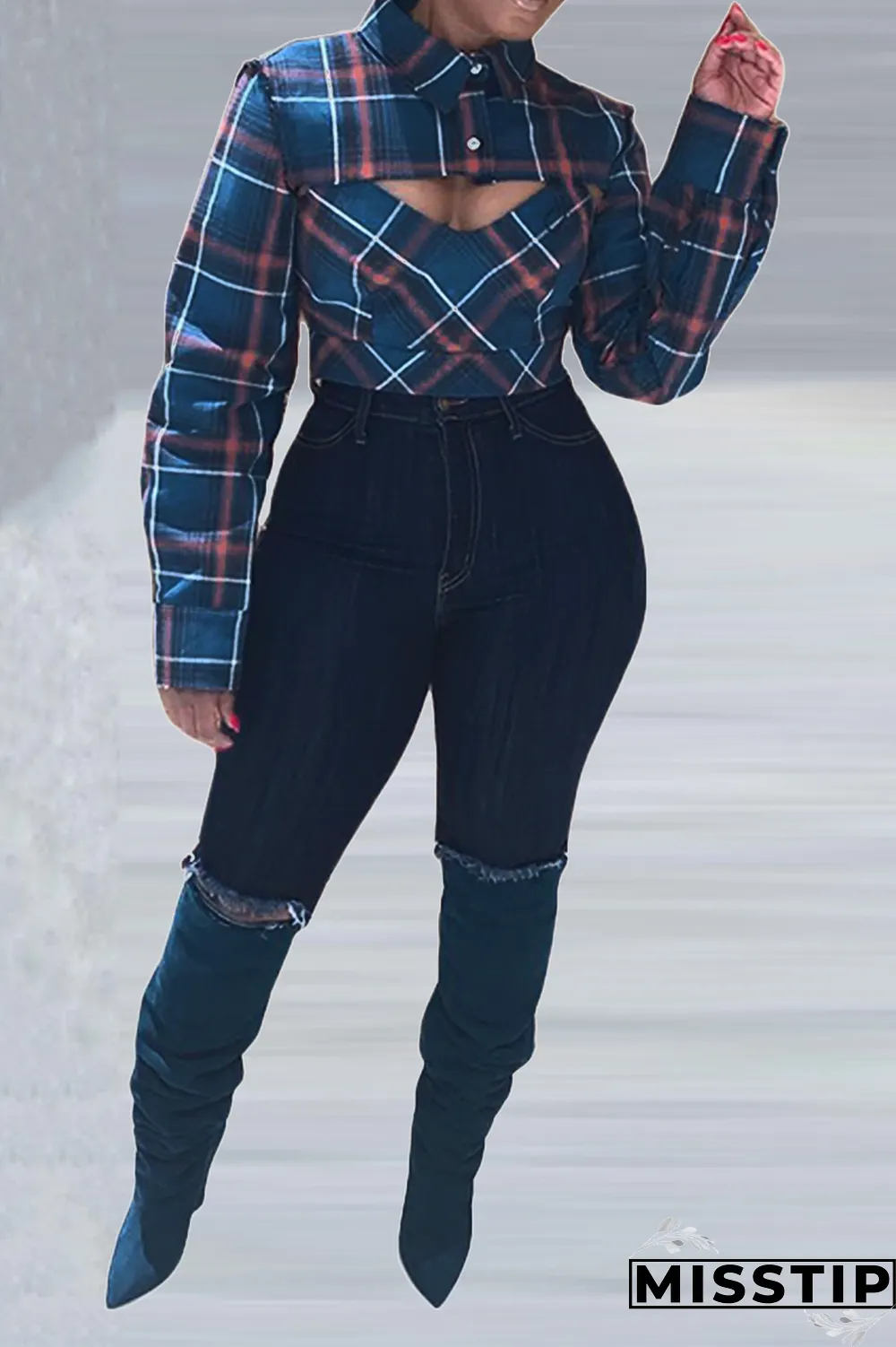 Navy Blue Street Plaid Patchwork Turndown Collar Tops