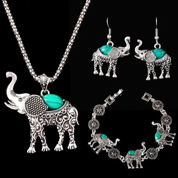 Women's Retro Tibetan Silver Turquoise Elephant Pendant Necklace Drop Earrings Bracelet Jewelry Sets