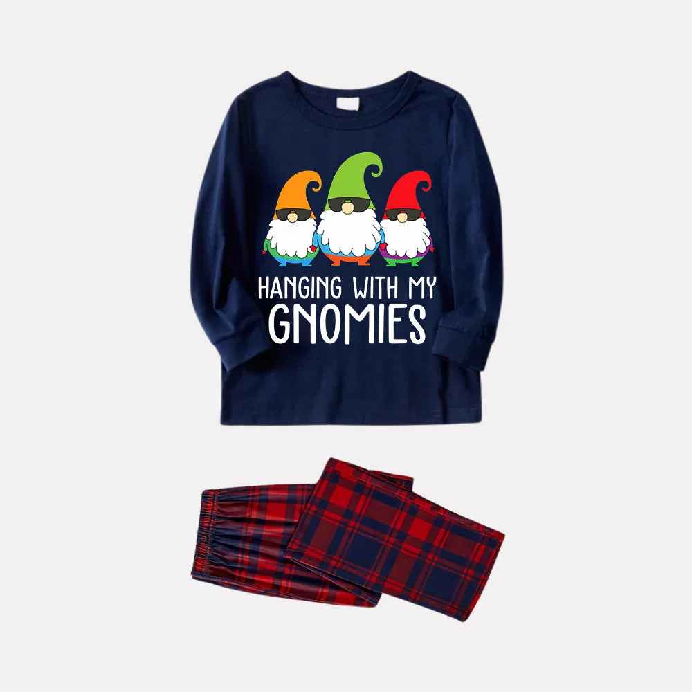 Three Santas "HANGING WITH MY GNOMIES" Monogram Print Blue Long Sleeves Top with Classic Red & Blue Plaid Pants Family Matching Pajamas