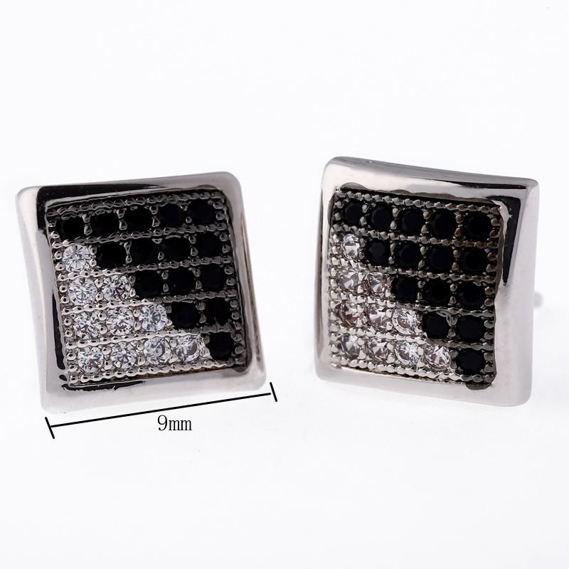 Hip Hop Black Silver Iced Out Square Stud Mens Earrings Jewelry-VESSFUL