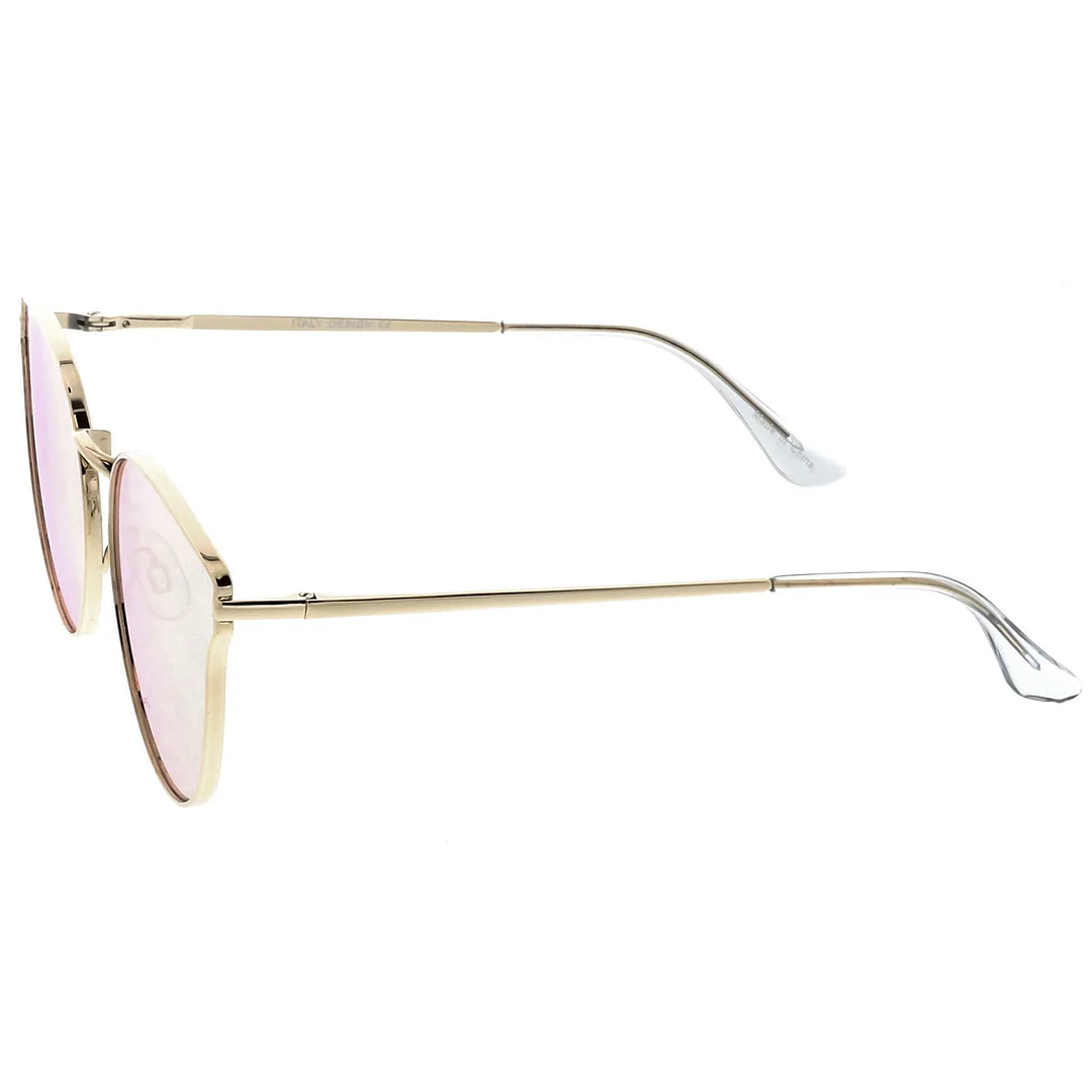 Premium Metal Cat Eye Sunglasse With Slim Arms And Round Colored Mirror Flat Lens 54mm