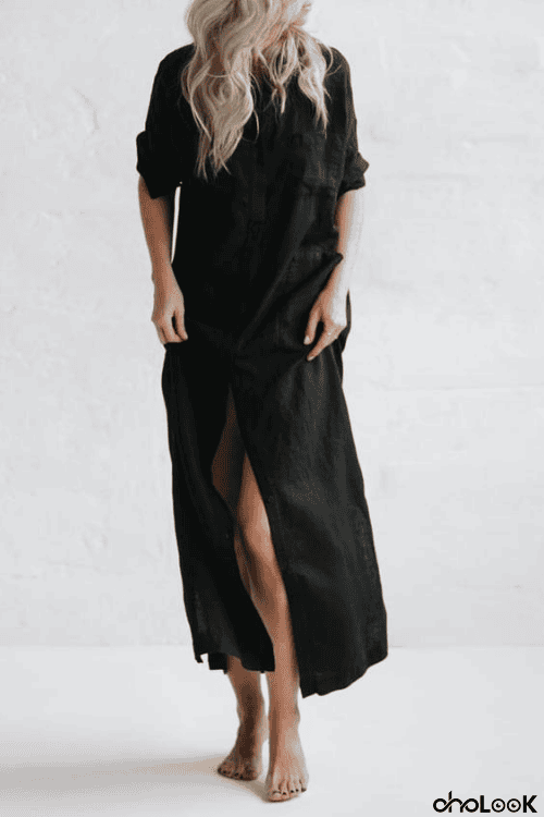 Linen Button Pockets Shirt Maxi Dress