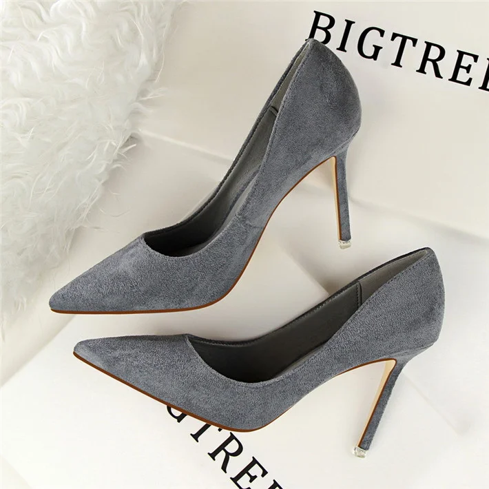 Qengg New High Heels Women Fashion Pointed Toe Office Shoes Women's Solid Flock Shallow High Heels Shoes for Women 9 Colors