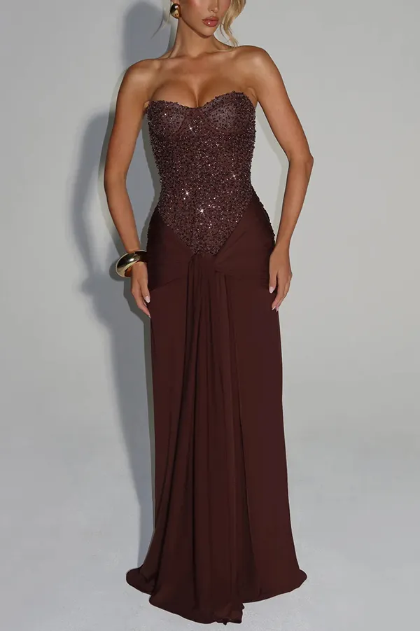 Carina Sequined and Satin Jersey Off Shoulder Ruched Knot Drape Maxi Dress