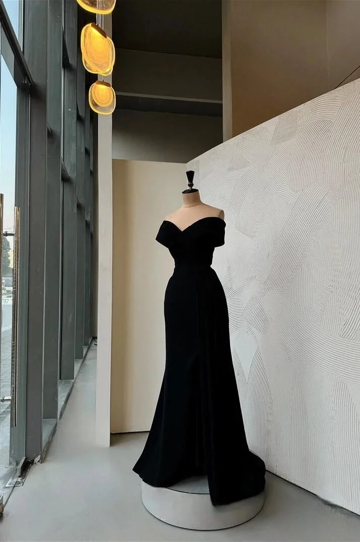Miabel Charming Black Satin Off the Shoulder V Neck Strapless Long Prom Dress with Ruffles 