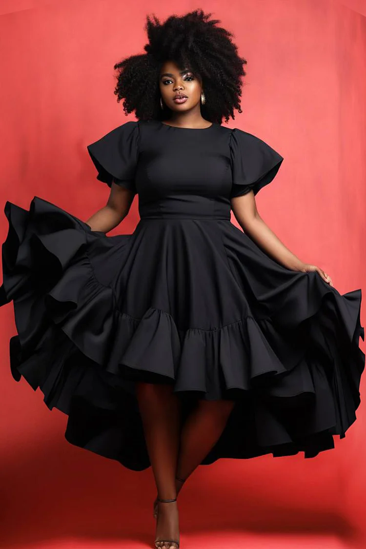 Xpluswear Design Plus Size Semi Formal Elegant Black Round Neck Puff Sleeve Short Sleeve Ruffle Asymmetric Hem Knitted Midi Dresses 