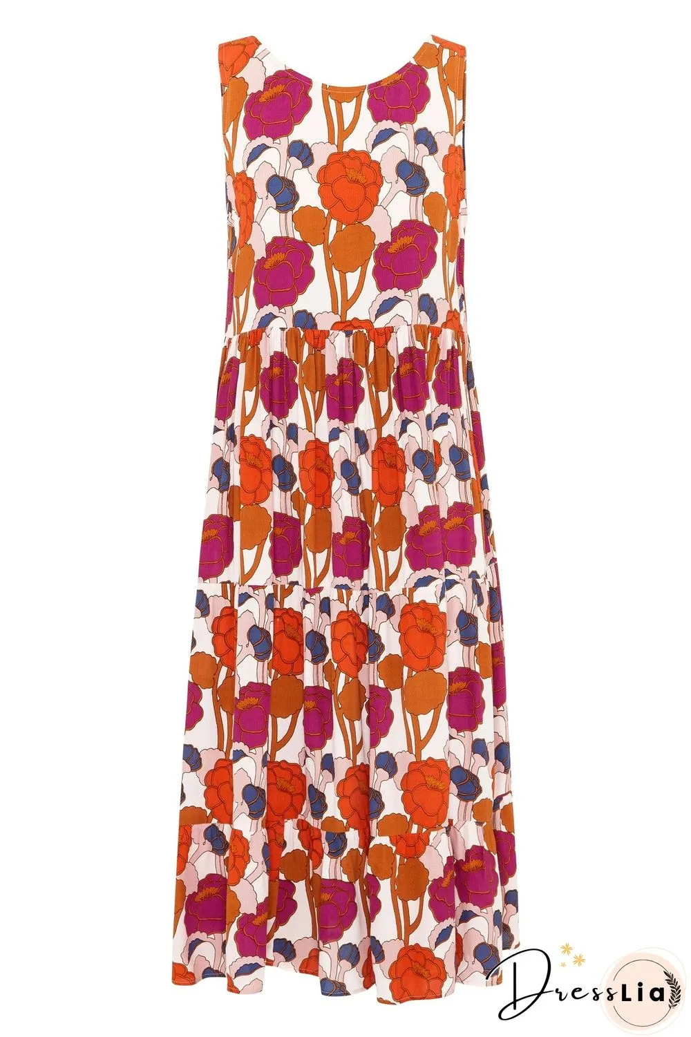 Casual Crew Neck Floral Tank Midi Dress