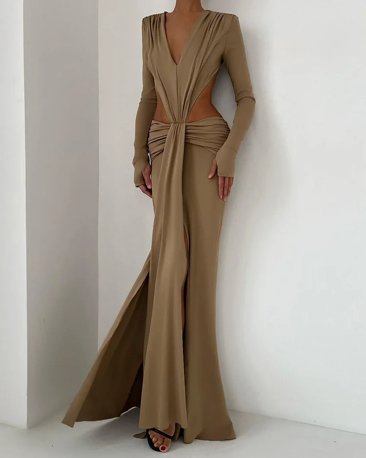 Long-sleeved V-neck solid color hollow dress