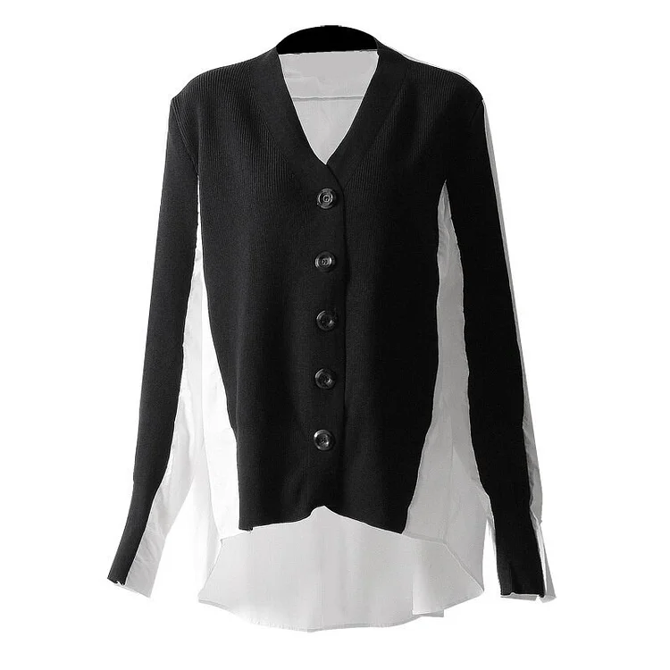 Elegant Loose V-neck Solid Color Patchwork Knitted Long Sleeve Short Front Long Back Shirt