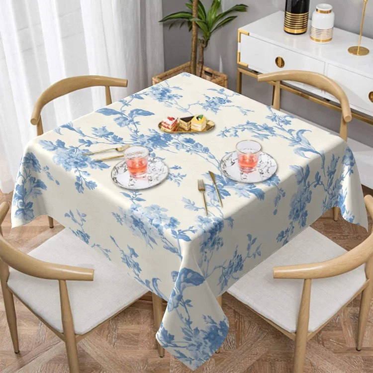 Spring Blue Flower Rectangle Tablecloth Holiday Party Decorations Waterproof Polyester Tablecloth for Wedding Dining Table Decor