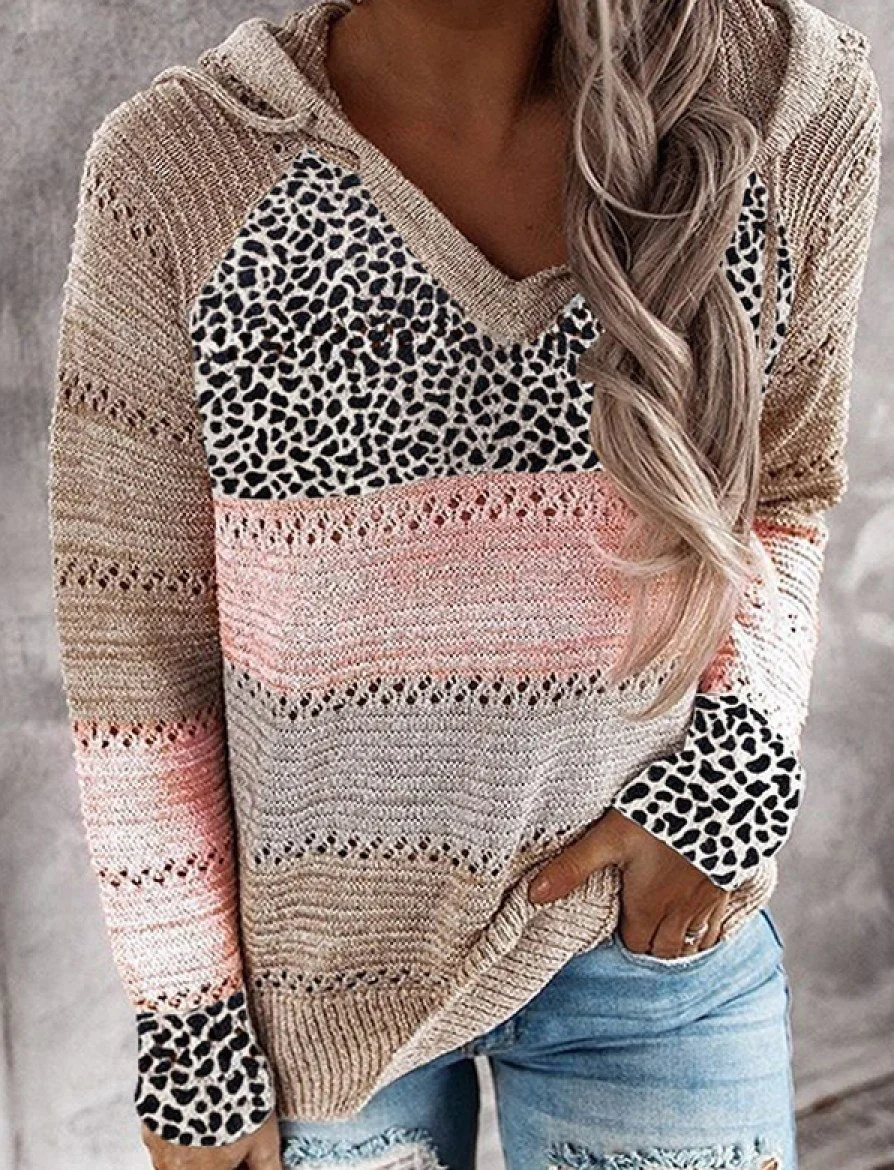Fashion Color Block Leopard Striped Sweater