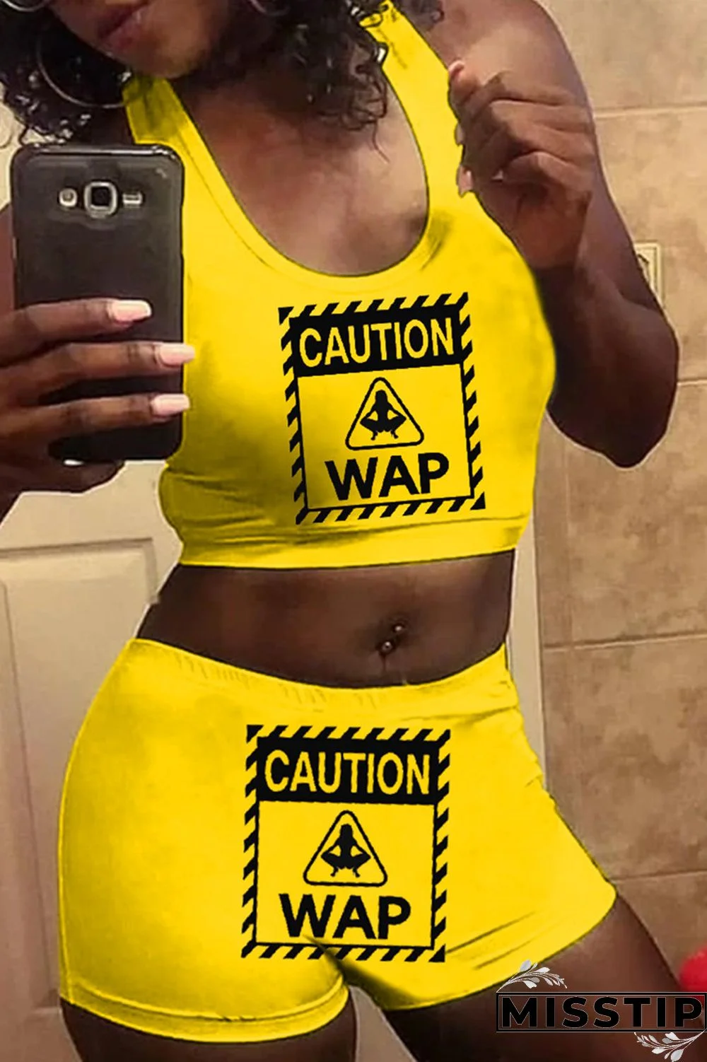 Yellow Casual Sportswear Sleeveless U Neck Tank Short Print Two Pieces