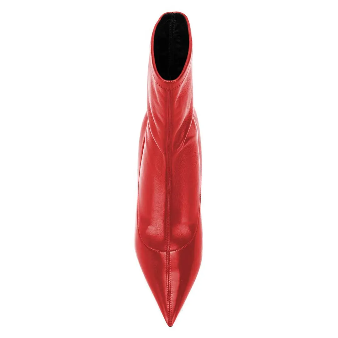 Red Vegan Leather Pointed Toe Stiletto Heel Short Sock Boots