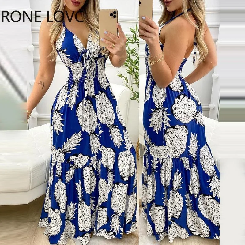 Women Summer Dress Pineapple Print Halter Ruffle Hem Maxi Dress 1109-1