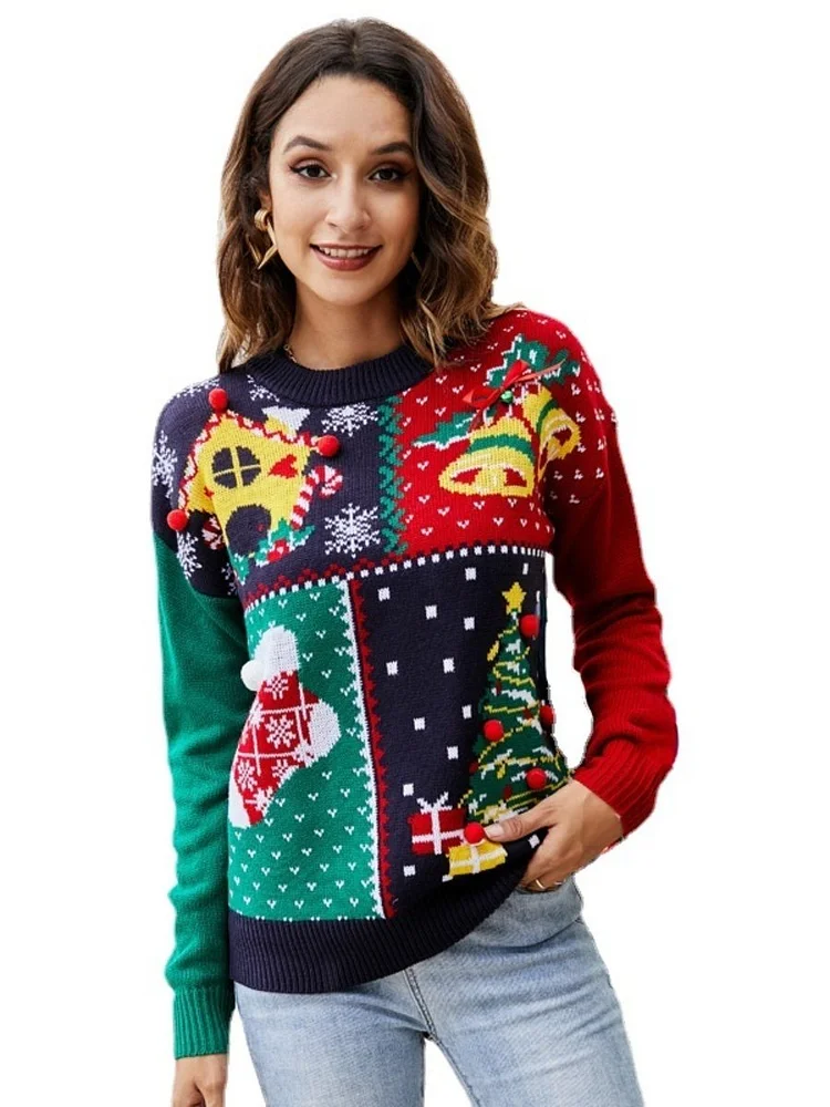 Mayoulove Women's Sweaters Snowflake Printed Color Patchwork Knitted Pullover Christmas Tree Sweaters-Mayoulove