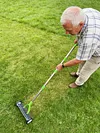 Thatch Rake with Wheels Steel Metal Dethatcher Rake with Adjustable Handle for Cleaning Dead Grass Loosening Soil Lawn Care