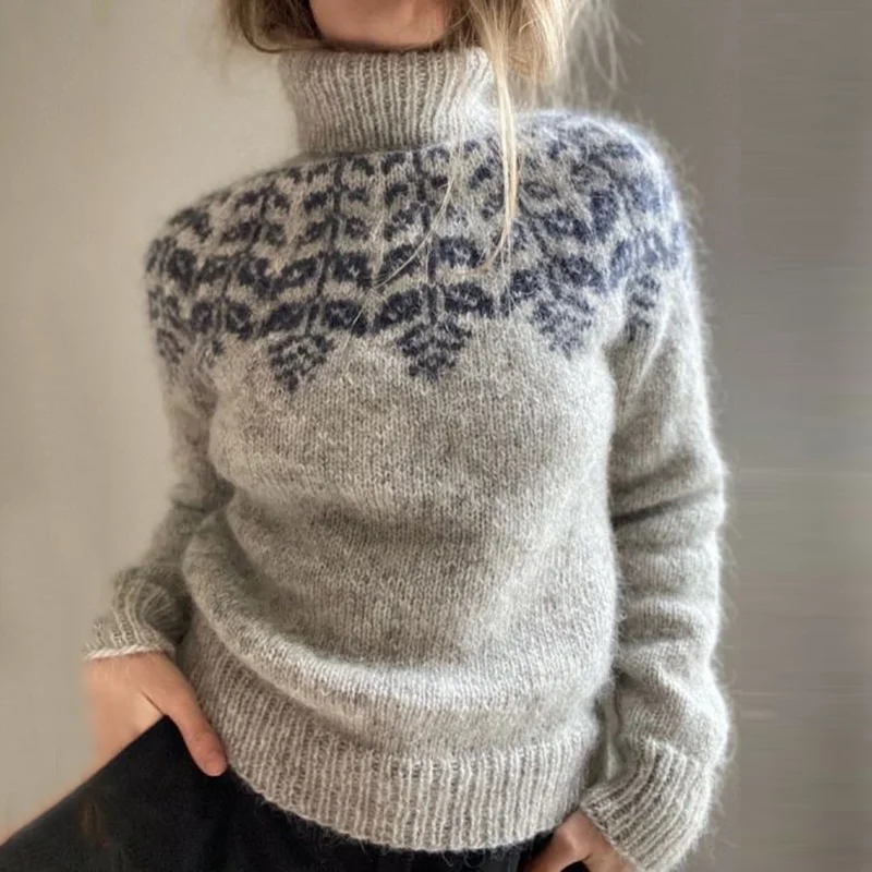 Vintage Icelandic Geometric Contrast Mid Neck Sweater