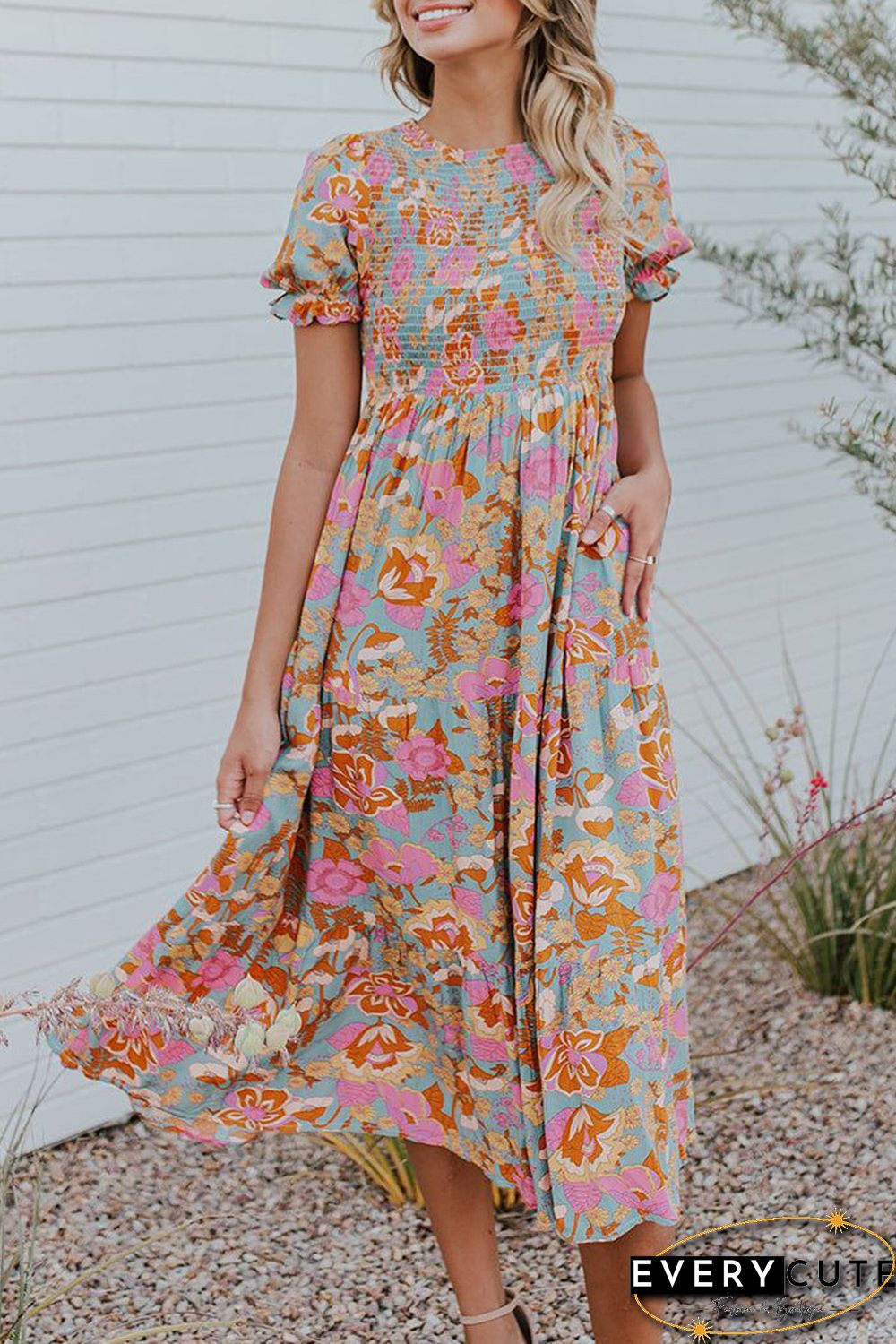 Sky Blue Floral Bubble Sleeve Smocked Flowy Ruffle Dress