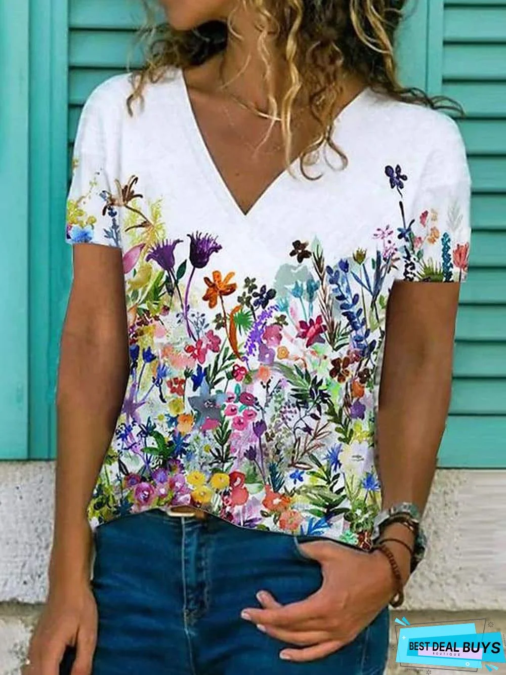 Women's Floral Theme T-Shirt Floral Flower Print V Neck Tops Basic Top White Black Blue