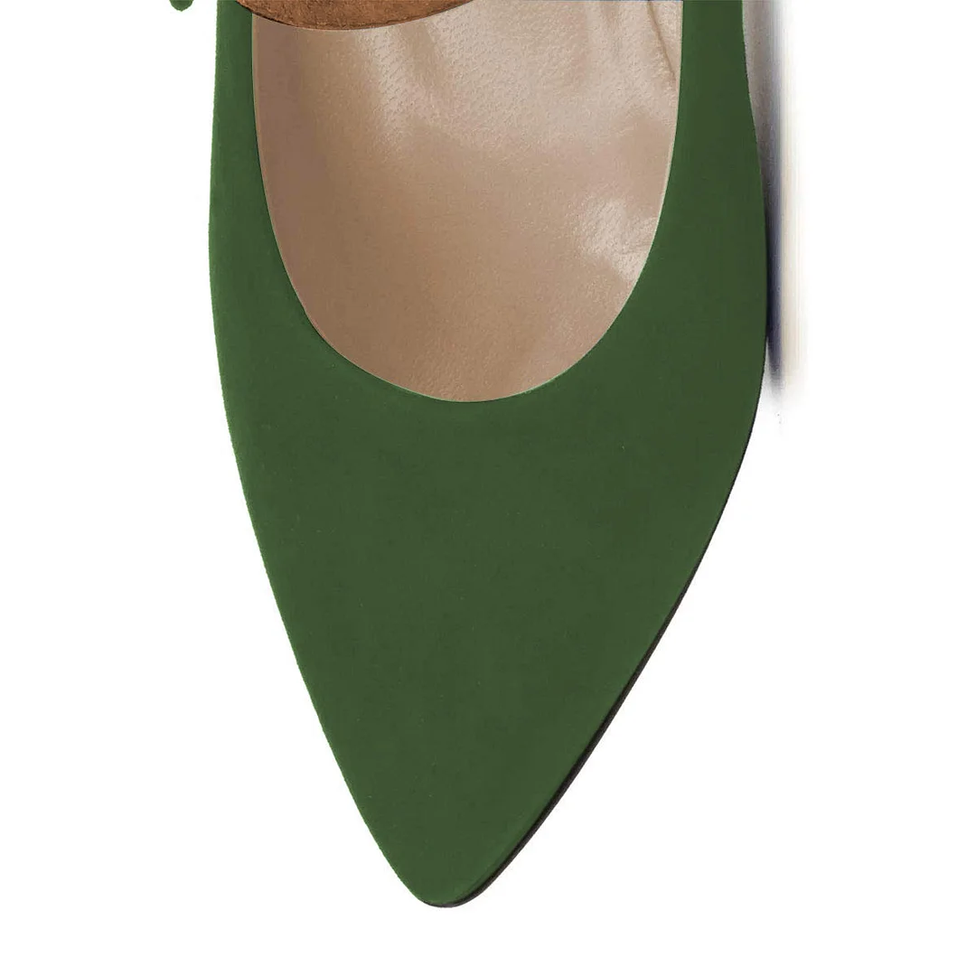 Dark Green Faux Suede Pointed Toe Heel Yellow Buckle Pumps for Women