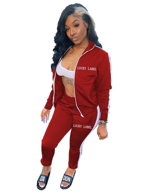 Lucky Label 2 piece outfits Women sweatsuit striped sets Zip Top Leggings sweatpants jogger fall clothes Wholesale Dropshipping
