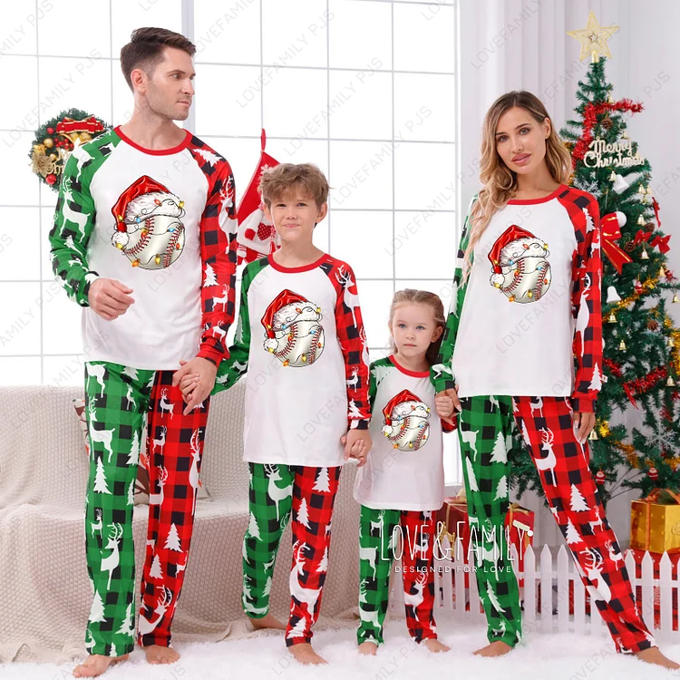Christmas Baseball Red Green Family Raglan-sleeve Pajamas Sets