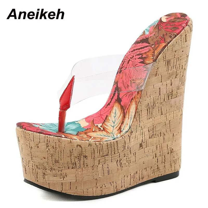 Aneikeh 2021NEW Sexy PVC Women Shoes Mules Summer Thong Flip Flops Wedges Platform Fashion Slides Party Mixed Colors Ultra High