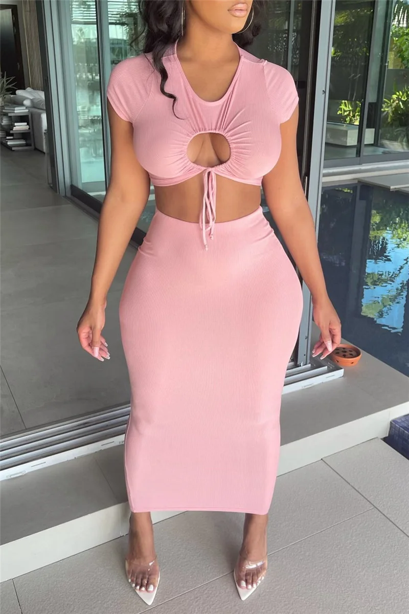 Pink Fashion Sexy Solid Hollowed Out Strap Design O Neck Short Sleeve Two Pieces | EGEMISS
