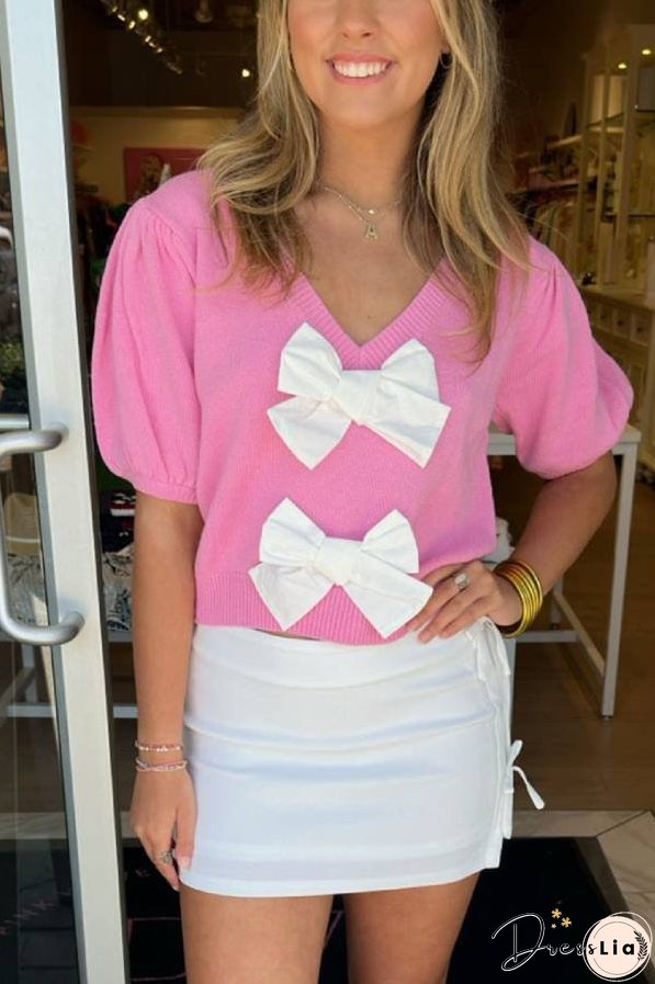 V-Neck Short-Sleeved Double Bow Solid Color Sweater