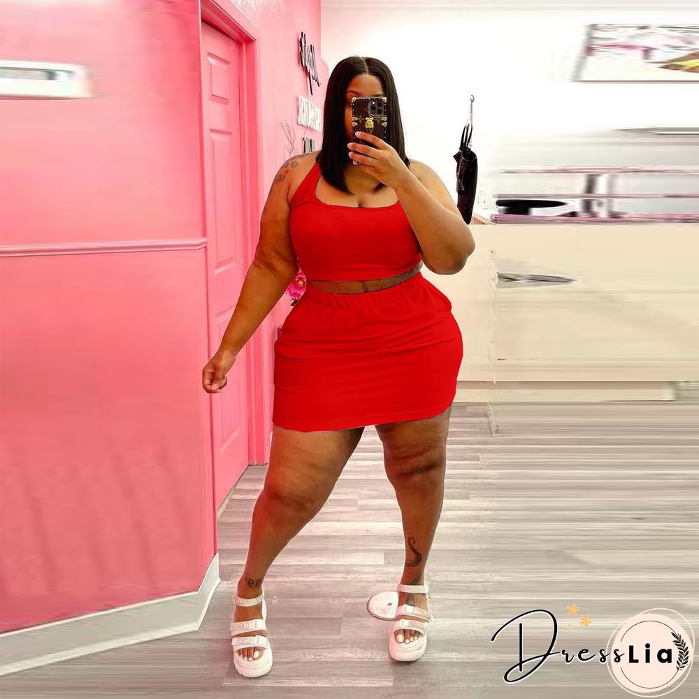 Plus Size Summer Solid Women Square Neck Sleeveless Crop Top+Elastic Waist Mini Skirt 2 Piece Set