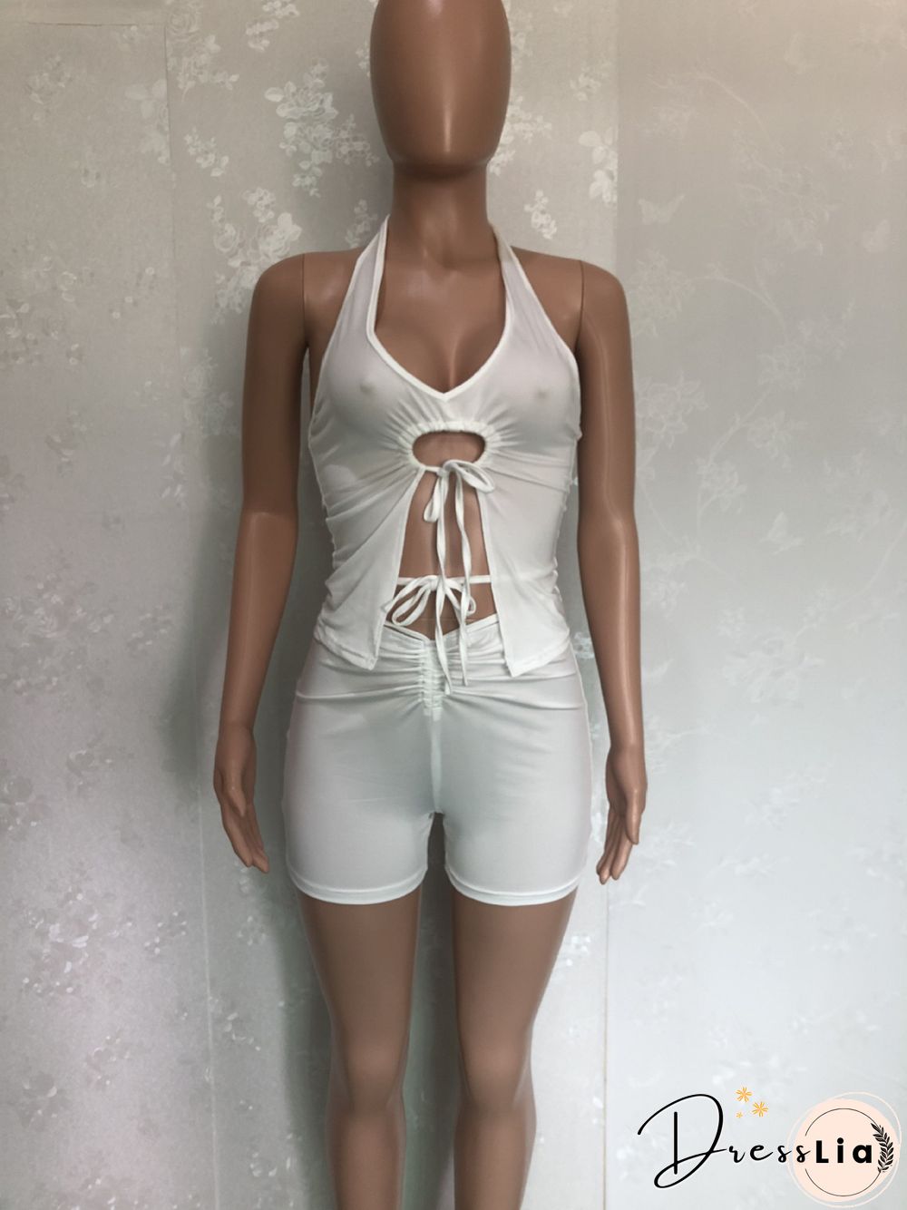 Summer Women Sexy Solid Color Irregular Hollow Out Sleeveless Halter Top Skinny Shorts Two Piece Suit