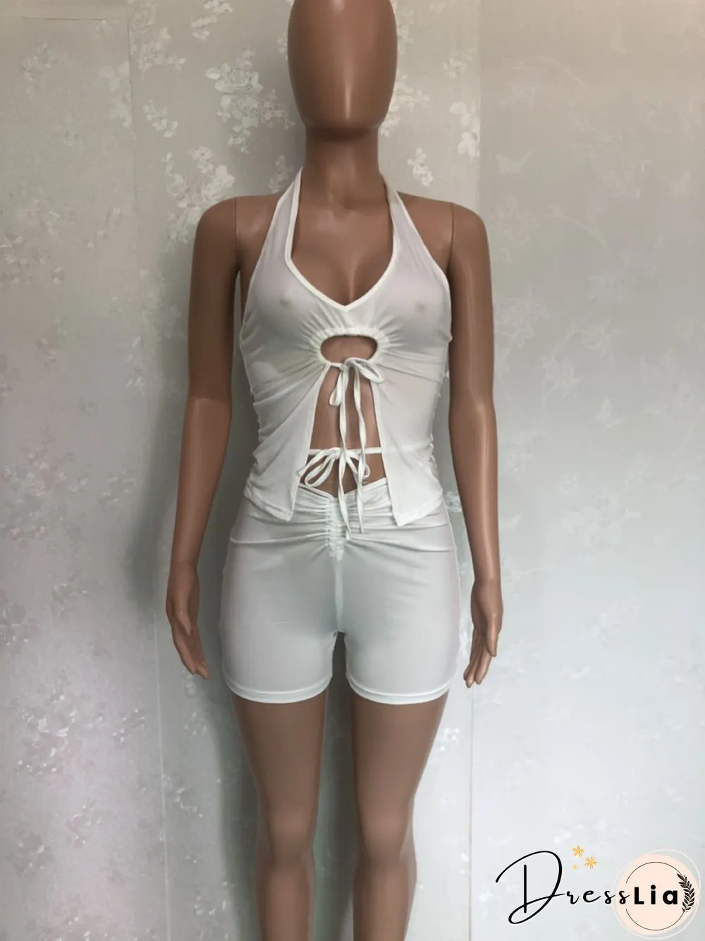 Summer Women Sexy Solid Color Irregular Hollow Out Sleeveless Halter Top Skinny Shorts Two Piece Suit