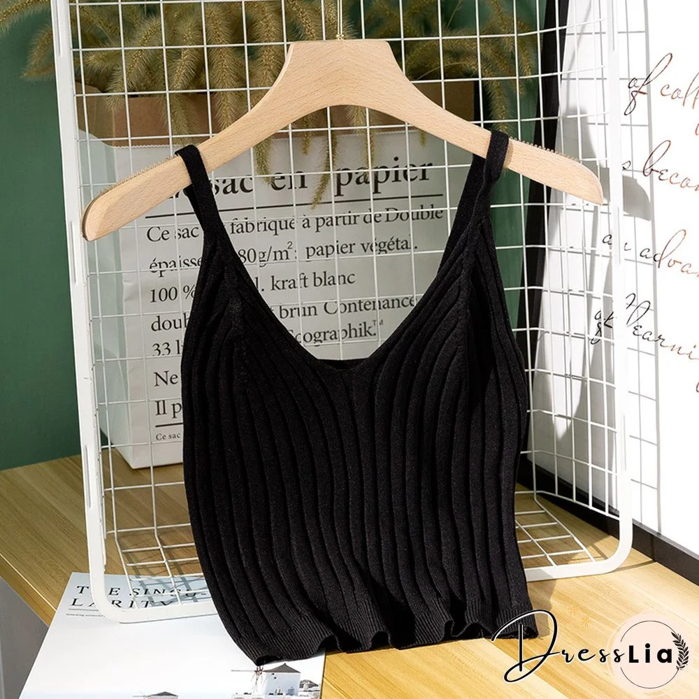 Women Sexy Knitted Crop Top Crop Sleeveless Cropped Vest Slim Sling Knitted Tank Top V-neck Plain Camisole High Elastic Camis