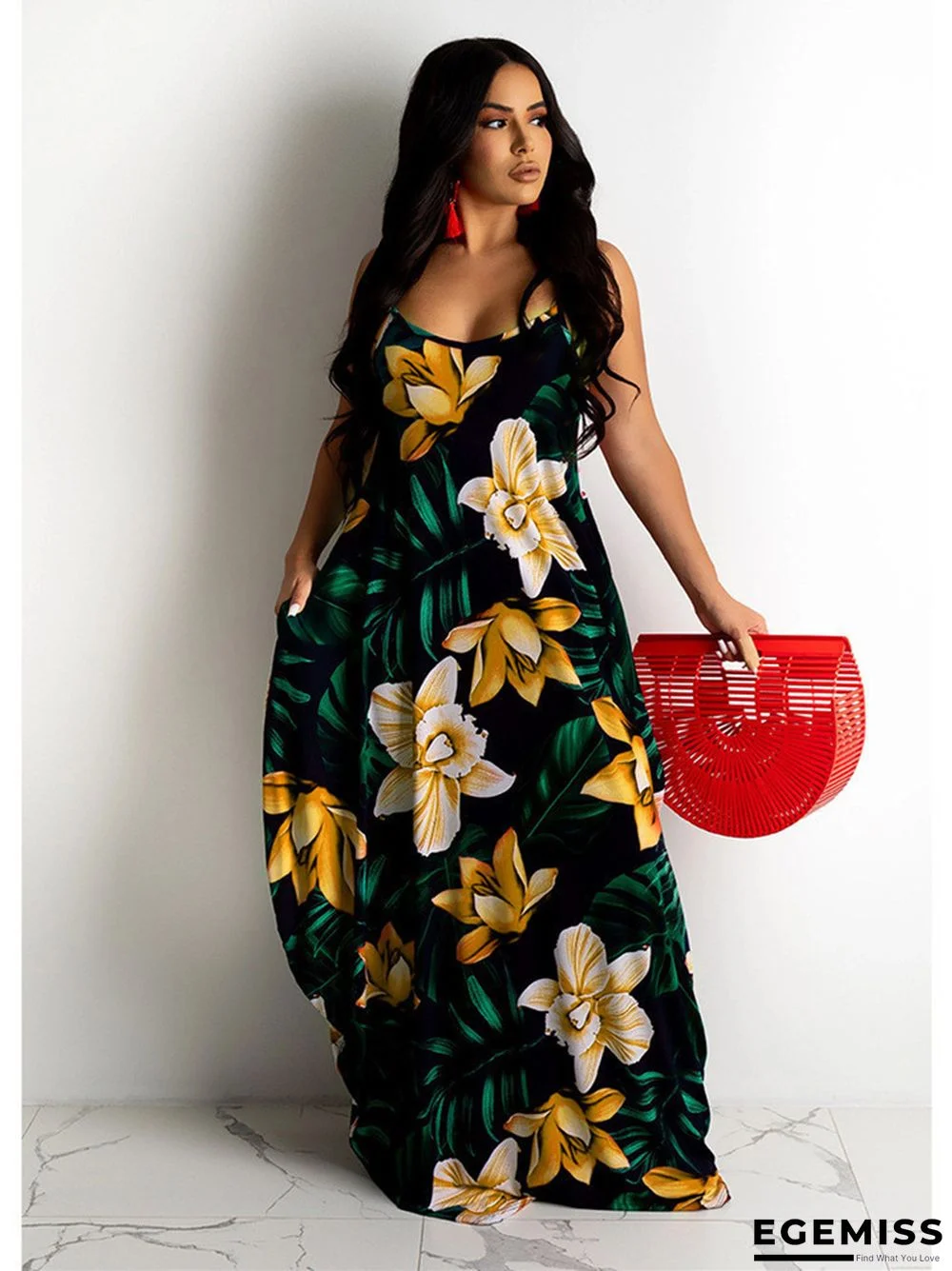 Flower Print Loose Sling Dress Long Skirt | EGEMISS
