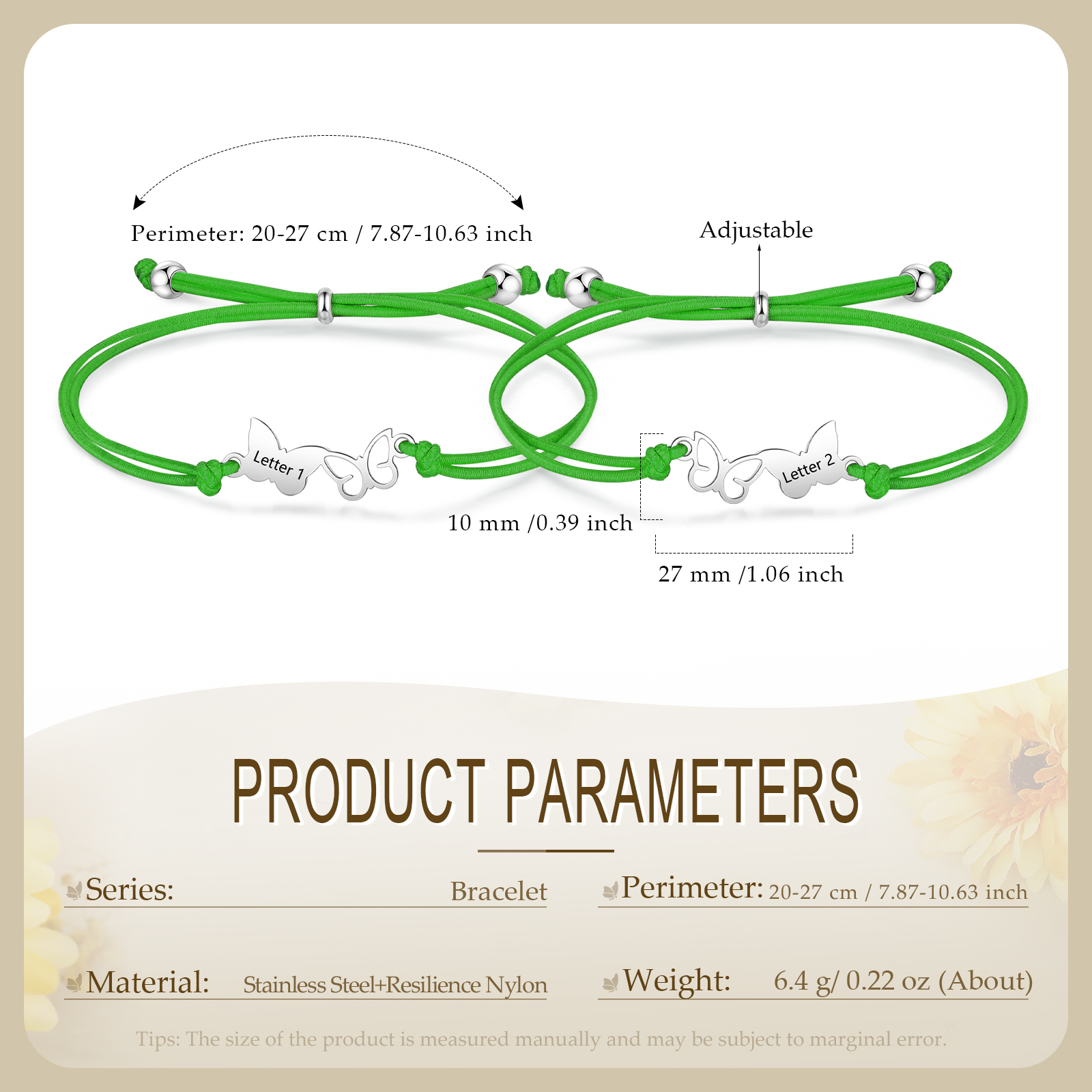 2 Pack Personalized Butterfly Elastic Cord Bracelet with Card and Gift Box, Customized 2 Letters, Gift for Daughter