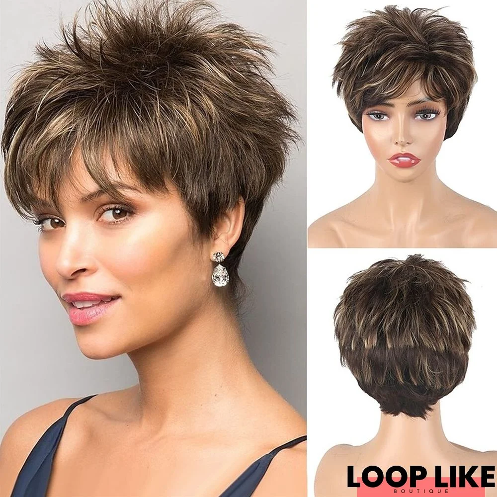Short Brown Wigs for Women Pixie Cut Wig with Bangs Layered Straight Curly Wigs for White Women Shaggy Full Synthetic Wig Wavy Curly Medium Length Mixed Brown Highlight Wig For Daily Party