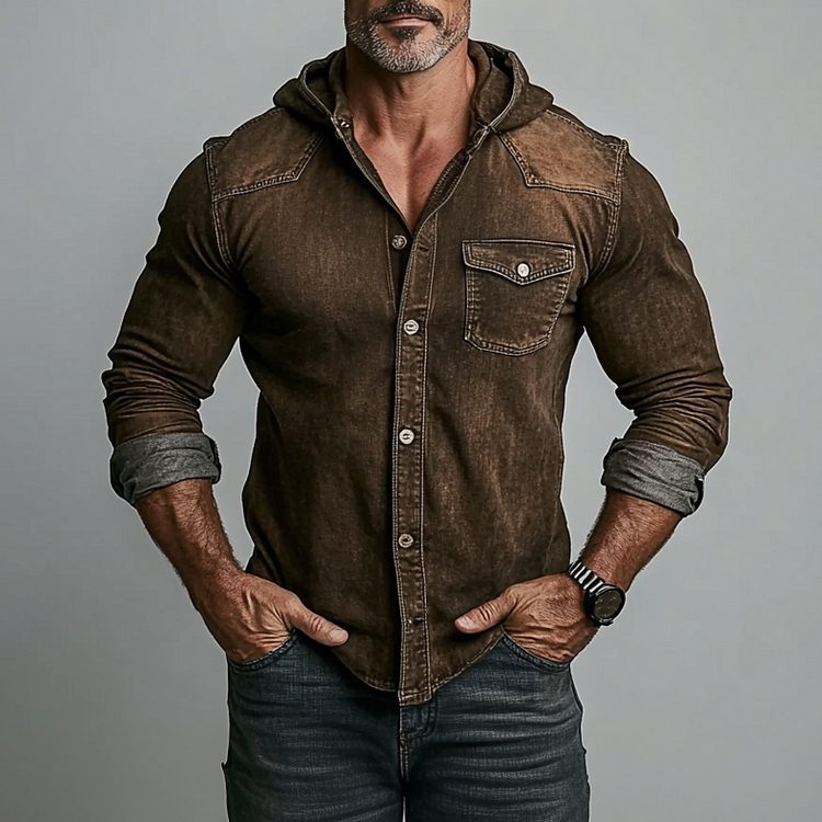Men's Denim Single Breasted Chest Pocket Long Sleeve Hooded Shirt