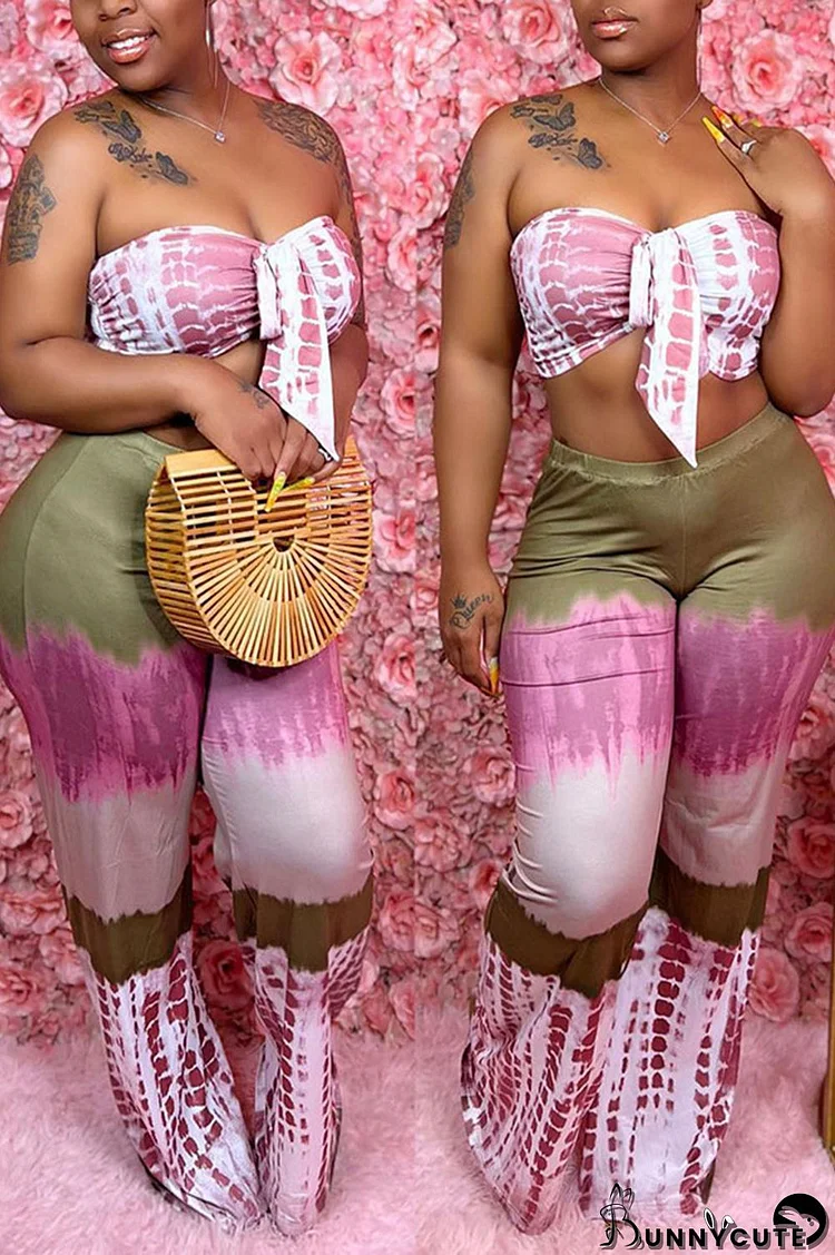 Pink Sexy Print Patchwork Strapless Plus Size Two Pieces