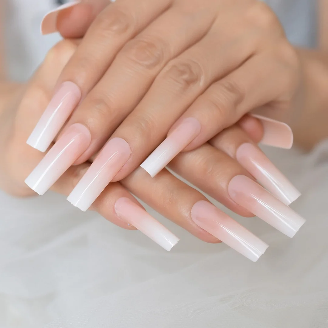 Square False Nails Nude Ombre Gradient French Tips Predesigned Press On Nails White Extra Long Natural Fingernails NOV-Nail Inspo