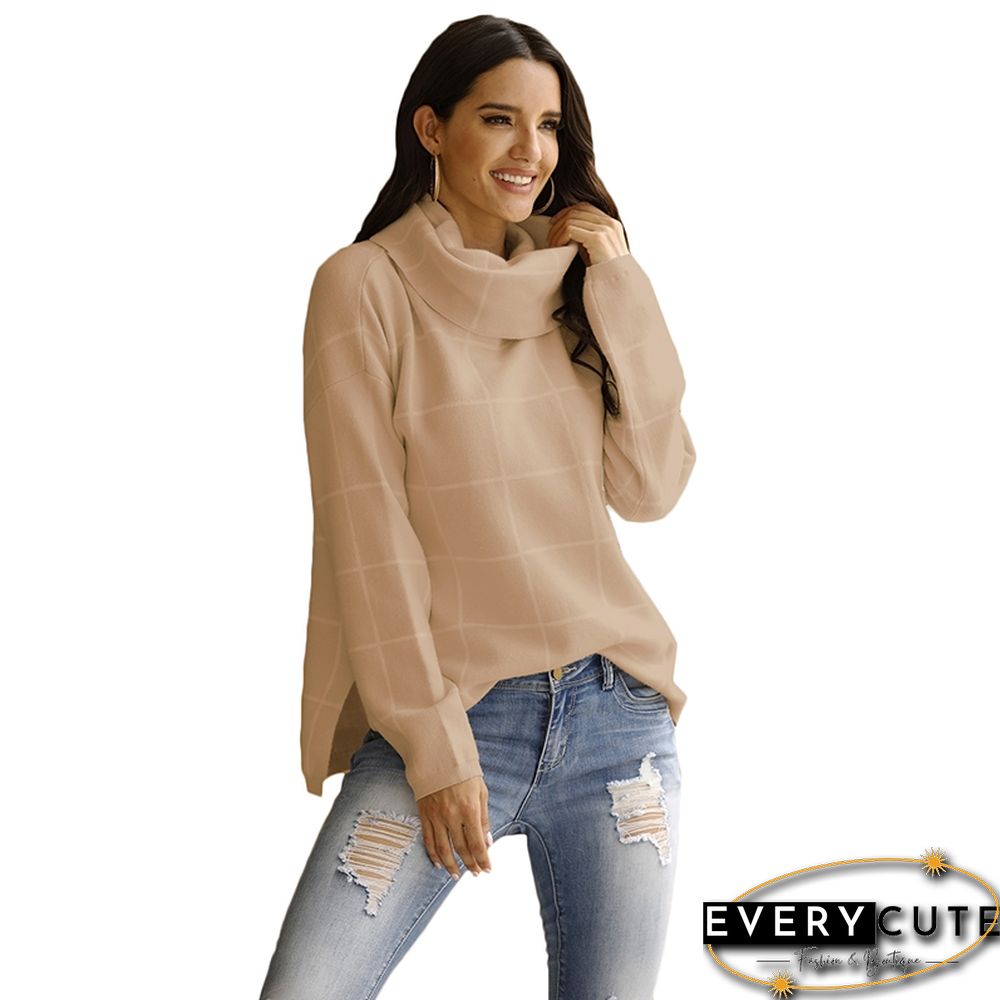 Khaki Plaid Print Turndown Collar Pullover