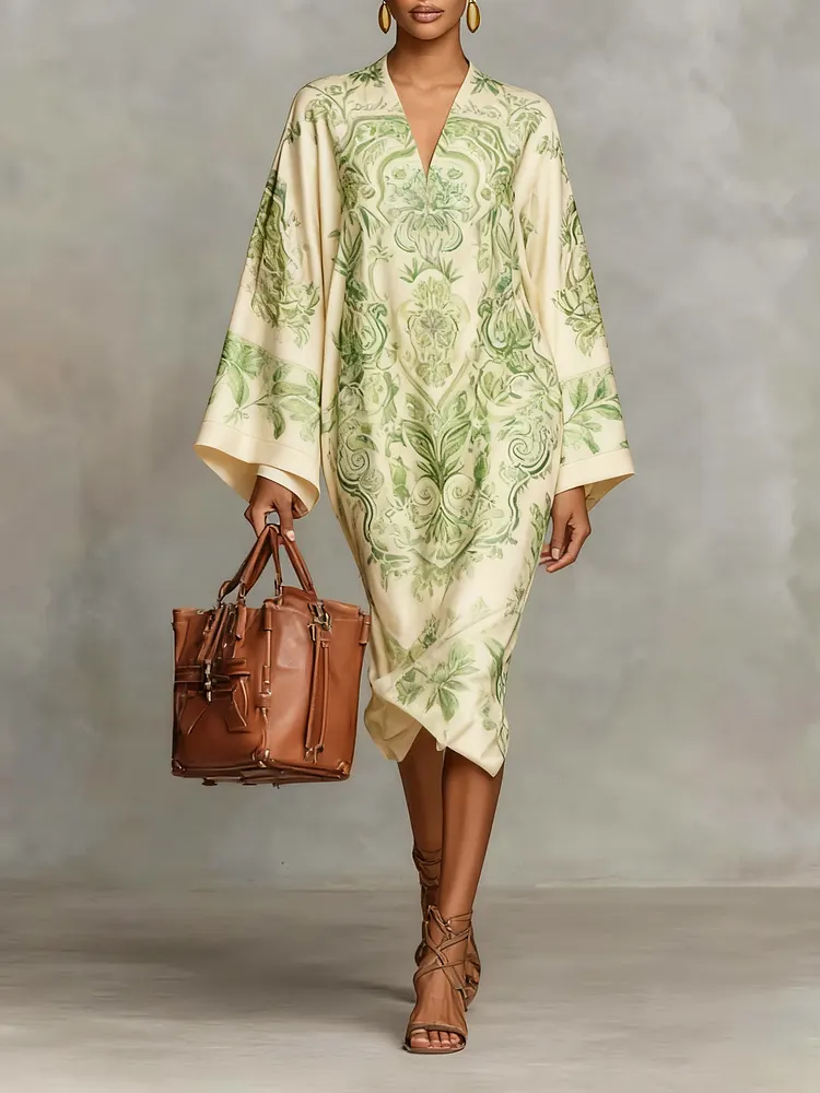 Women's Paisley Print Crew Neck Flared Long Sleeve Loose Medium Dress