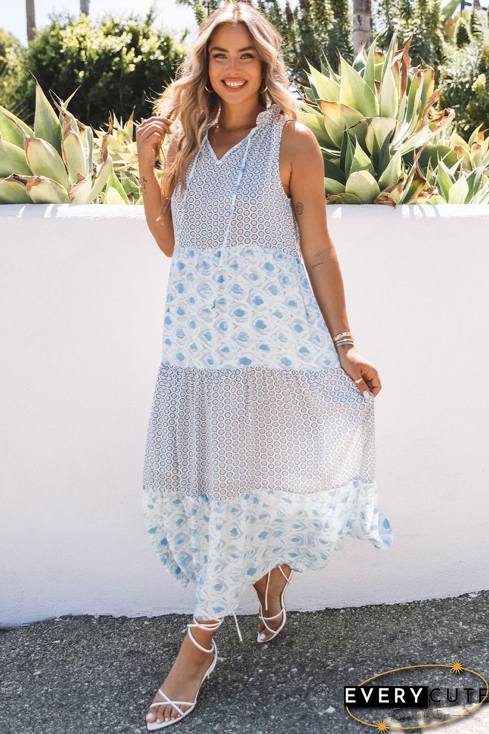 Sky Blue Abstract Print Split Neck Sleeveless Maxi Dress