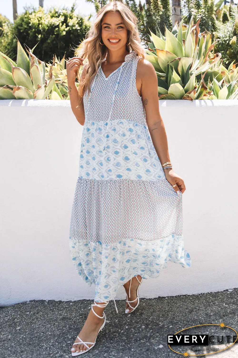 Sky Blue Abstract Print Split Neck Sleeveless Maxi Dress