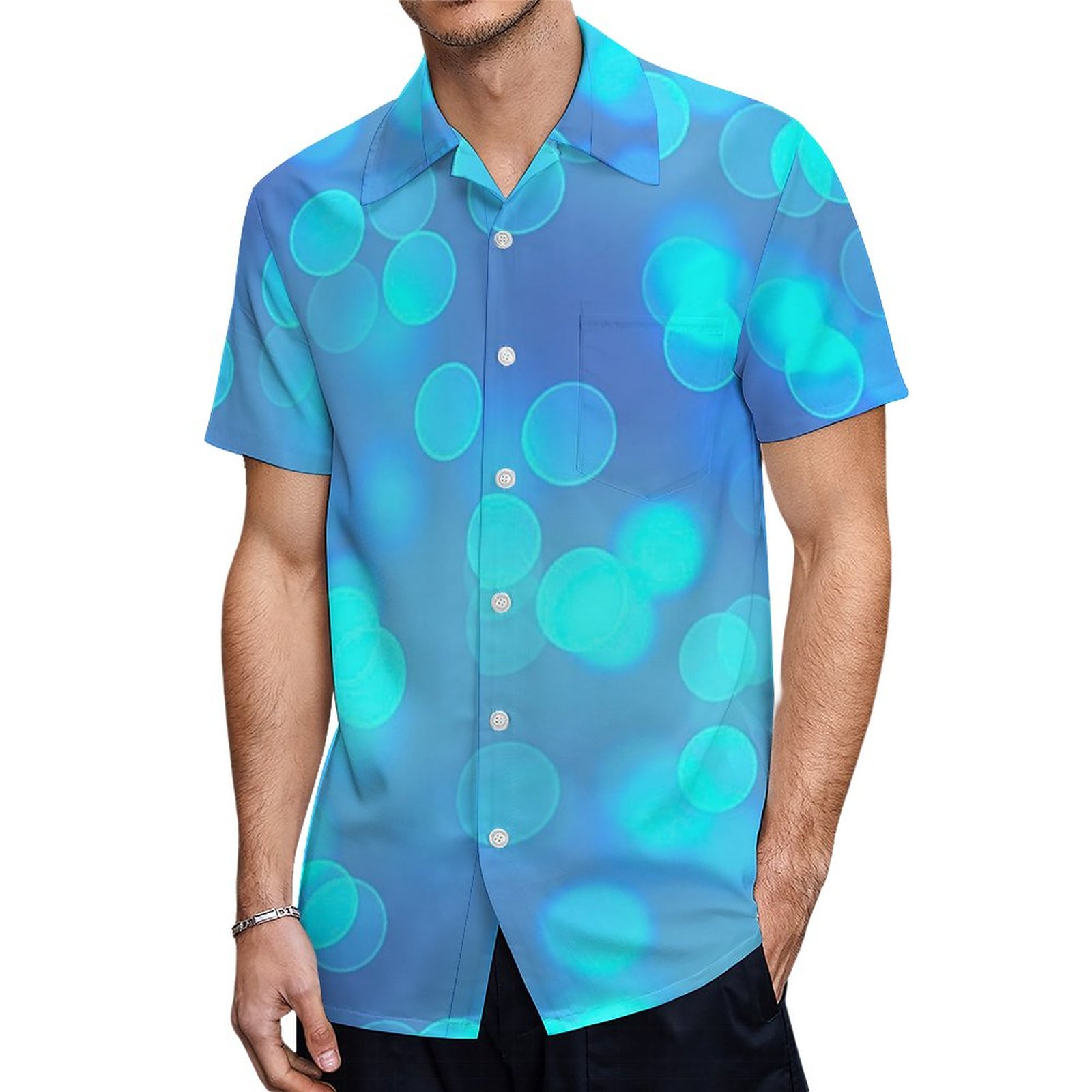 Simple Yet Elegant Blue Teal Bokeh Background Hawaiian Shirt Mens Button Down Tropical Hawaii Beach Shirts