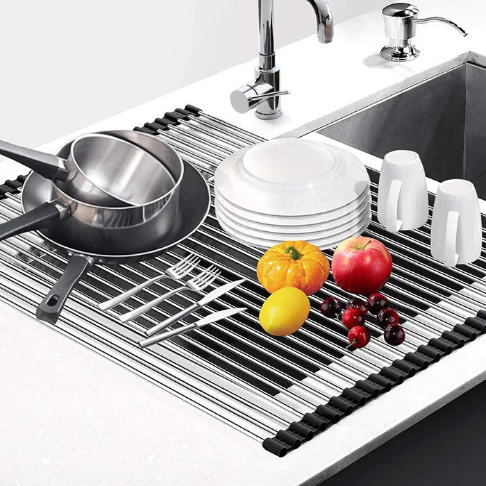 Stainless Steel Dish Drying Rack Over Kitchen Sink, Dishes and