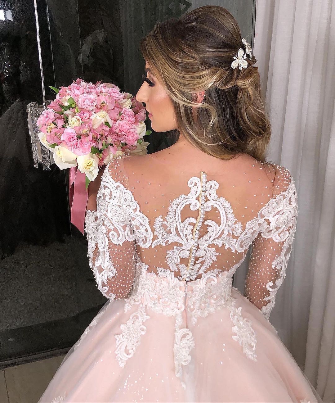 Daisda Long Sleeves Princess Off The Shoulder Tulle Floral Wedding